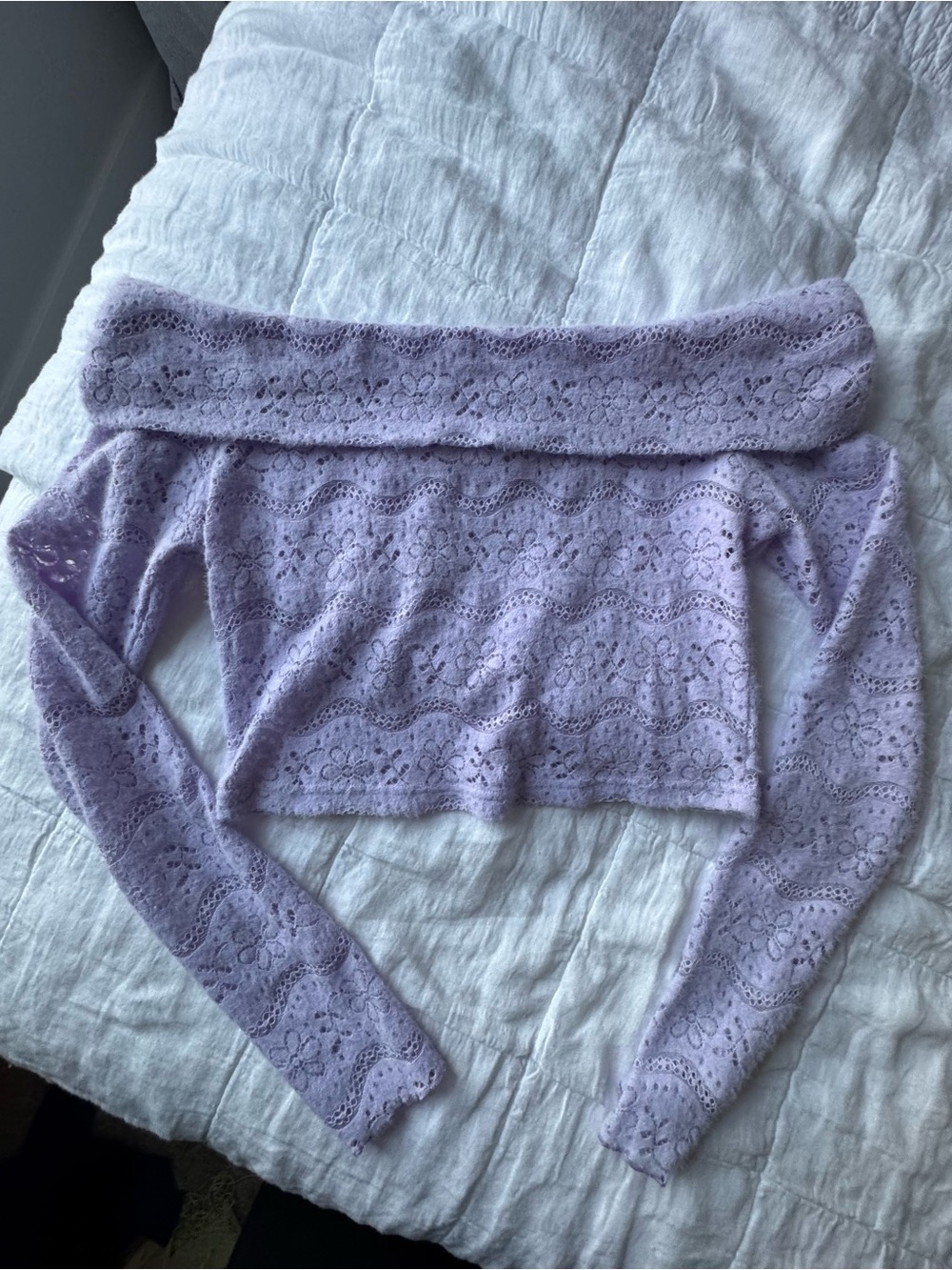 Out From Under Urban Outfitters Lavender Off-the-Shoulder Lace Knit Sweater